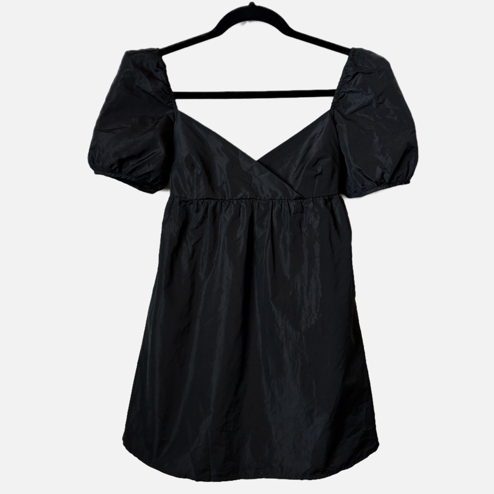 Wilfred Aritzia Opera Dress Taffeta Bow Back Puff Sleeve Babydoll Black XS